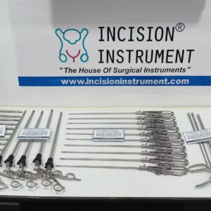 Incision Instrument 10pcs Laparoscopic 5mm 330mm set shows a collection of reusable safety trocar, spoon forceps, clip applicator, and Ethicon needle holder tools with ergonomic handles and fine tips.