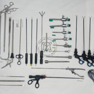 Incision Instrument 34pcs Laparoscopic Complete Set shows a comprehensive collection of reusable trocars, graspers, scissors, and dissectors arranged for minimally invasive surgery.