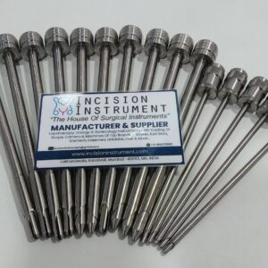 Incision Instrument 15pcs Laparoscopic 3 dhari pencil half blunt 10mm 5mm Safety Trocar shows a set of reusable safety trocars with three-threaded pencil-style shafts and half-blunt tips in 5mm and 10mm sizes.