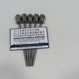 Incision Instrument 5pcs Laparoscopic 3 dhari pencil half blunt 5mm 10mm Safety Trocar shows a set of reusable safety trocars with three-threaded pencil shafts and half-blunt tips in 5mm and 10mm sizes.