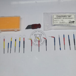 Incision Instrument Laparoscopic Cautery Electrode Tips shows various reusable electrode shapes including hook, ball, and spatula tips on insulated shafts for precise electrosurgery.