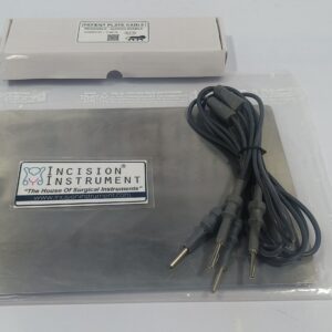 Incision Instrument Laparoscopic Patient Plate With Cable shows a reusable conductive plate connected by durable cable for safe electrosurgical grounding in laparoscopic procedures.