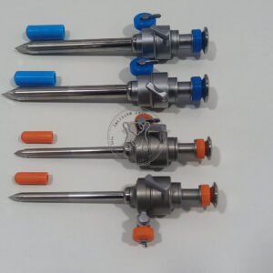 Top best manufacturer laparoscopic Storz type trocar cannula 5mm 7mm 10mm from Incision Instrument Mumbai – autoclavable reusable devices visible with threaded cannula, valve seal, and ergonomic housing for secure port access.