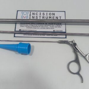 Incision Instrument Laparoscopic Thumb Suction 5mm With Port Closure Cone shows a reusable suction device with thumb control valve and integrated port closure cone on the 5mm shaft.