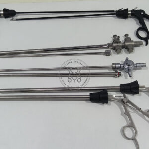 Incision Instrument Laparoscopic Curved Hook Scissor Thumb Trumpet Suction Spoon Claw Forceps shows a multifunctional reusable instrument with curved hook scissor jaws, thumb trumpet suction, and spoon claw features for versatile laparoscopic use.