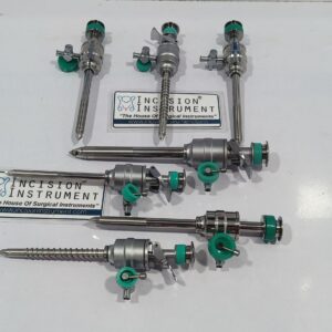 Incision Instrument laparoscopic reusable spiral trocar cannula features a durable safety shield visible on the stainless steel device.