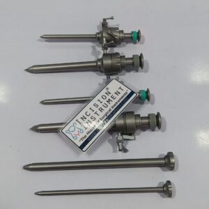 Incision Instrument Laparoscopic Safety Storz Trocar Cannula Coating 5mm shows a reusable 5mm trocar with protective safety mechanism, Storz-compatible design, and smooth coating for secure port access in laparoscopic surgeries.