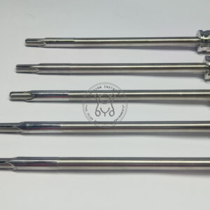Incision Instrument laparoscopic Storz safety trocar cannula shows a reusable safety trocar with protective shield mechanism and clear cannula housing for secure laparoscopic entry.