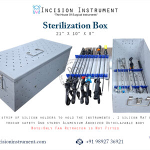Laparoscopic hospital holloware dressing drum sterilization box stainless steel aluminium 21x10x8 inch and formalin chamber 26x12x12 inch CE certified Mumbai manufacturer pan India supplier trusted by surgeons.