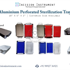 Anodized aluminium perforated sterilization tray 10x6x2 inch for laparoscopic electrosurgery cables CE certified Mumbai manufacturer pan India supplier trusted by surgeons.