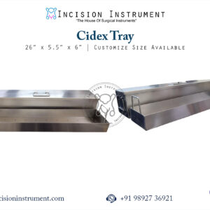 Laparoscopic hospital holloware Cidex tray 26x5.5x6 inch for chemical disinfection CE certified Mumbai top manufacturer pan India supplier trusted by surgeons for safe instrument sterilization.
