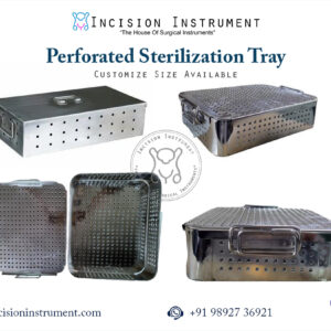 Laparoscopic hospital holloware perforated sterilization tray for instruments CE certified Mumbai top manufacturer pan India supplier trusted by surgeons for autoclave steam sterilization.
