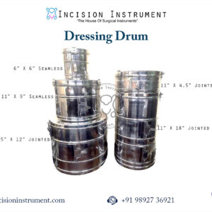 Laparoscopic hospital holloware dressing drums seamless and jointed sizes 6x6, 11x9, 15x12 inch CE certified Mumbai top manufacturer pan India supplier trusted by surgeons for autoclave sterilization.