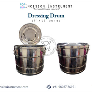 Laparoscopic hospital holloware dressing drum 15x12 inch jointed stainless steel CE certified Mumbai top manufacturer pan India supplier trusted by surgeons for autoclave sterilization.