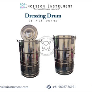 Laparoscopic hospital holloware dressing drum 11x18 inch jointed stainless steel CE certified Mumbai top manufacturer pan India supplier trusted by surgeons for autoclave sterilization.