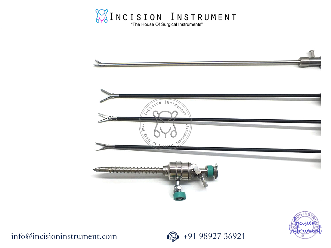 “Laparoscopic 5mm Maryland, Bowl, Scissor, Needle Holder & Spiral Trocar surgical instrument set 5mm x 330mm, CE certified, reusable, anti-rust stainless steel from Mumbai supplier.”