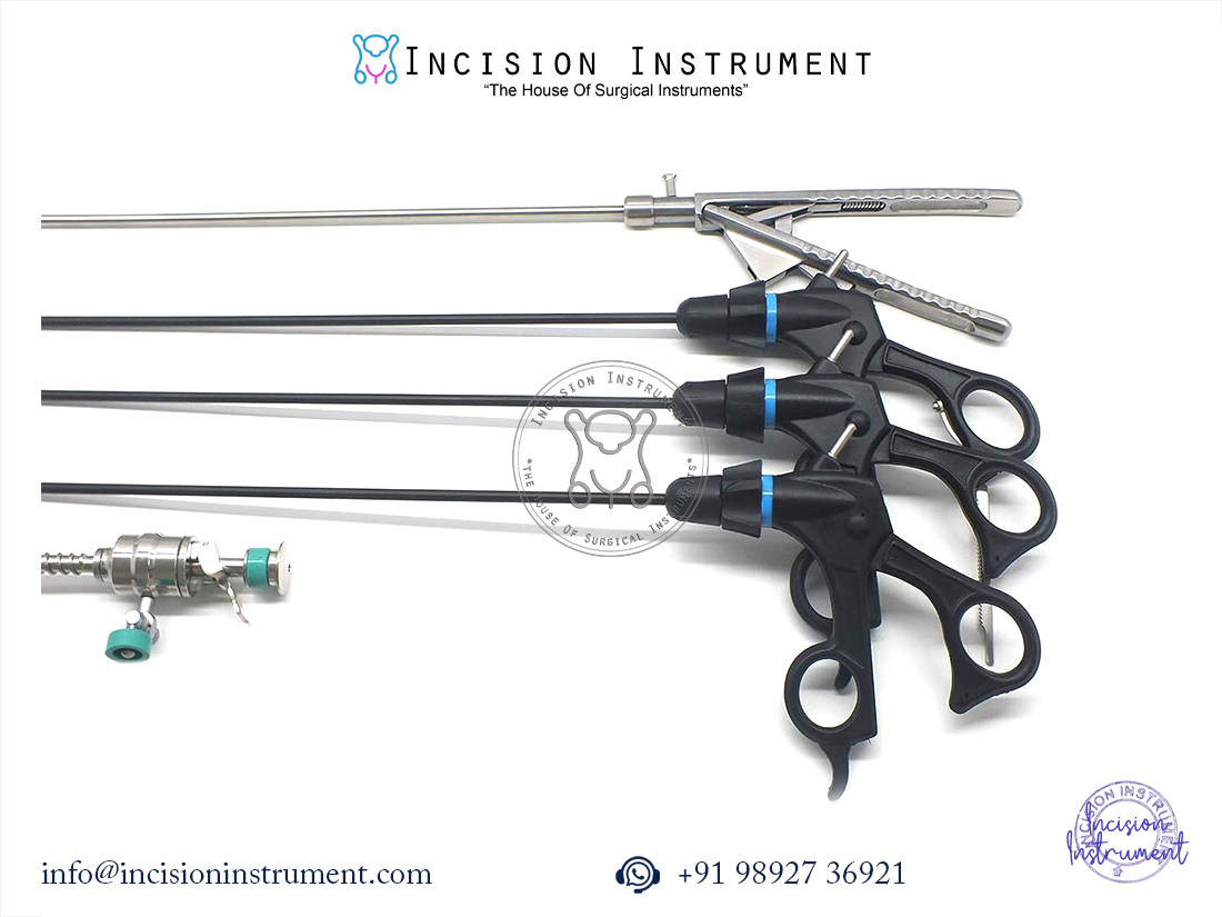 “Laparoscopic 5mm Maryland, Bowl, Scissor, Needle Holder & Spiral Trocar surgical instrument set 5mm x 330mm, CE certified, reusable, anti-rust stainless steel from Mumbai supplier.”