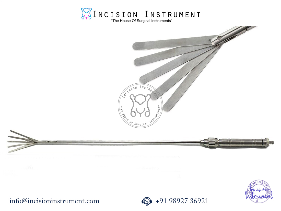 Laparoscopic fan retractor 5 prongs angulated 5mm x 330mm reusable CE certified instrument set