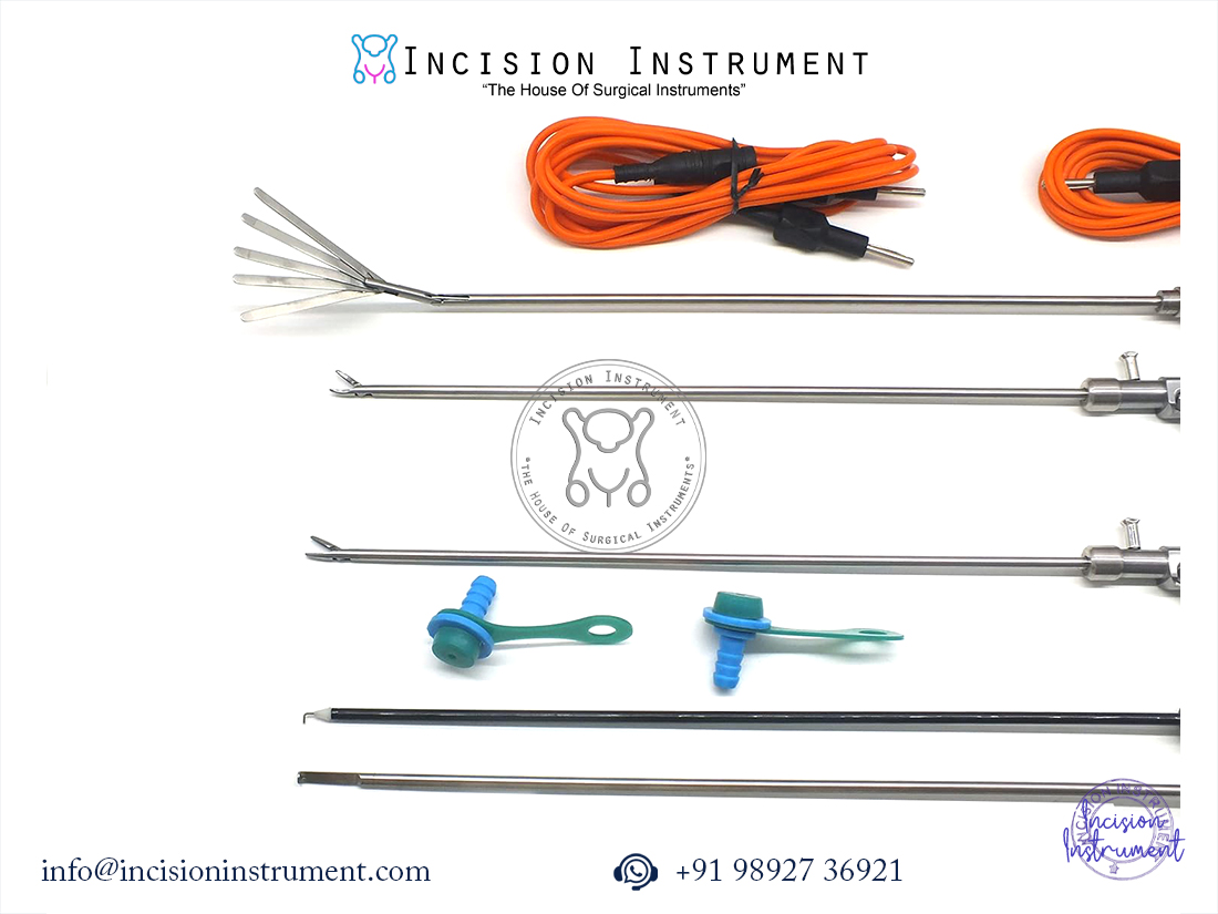 Laparoscopic Needle Holder, Fan Retractor, Hook, Knot Pusher Set of 9 Instruments 5mm x 330mm