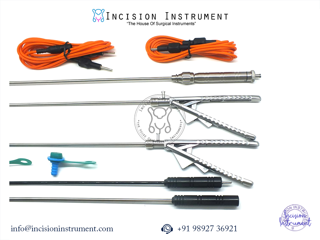 Laparoscopic Needle Holder, Fan Retractor, Hook, Knot Pusher Set of 9 Instruments 5mm x 330mm