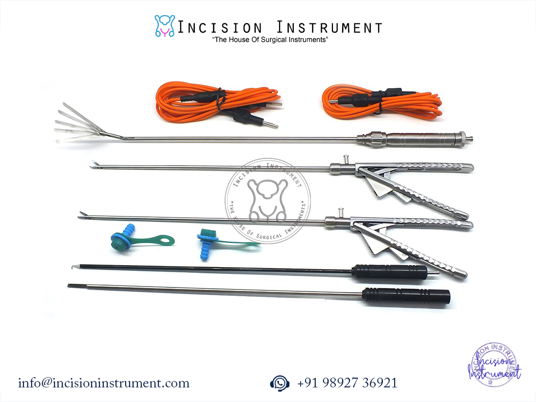 Laparoscopic Needle Holder, Fan Retractor, Hook, Knot Pusher Set of 9 Instruments 5mm x 330mm