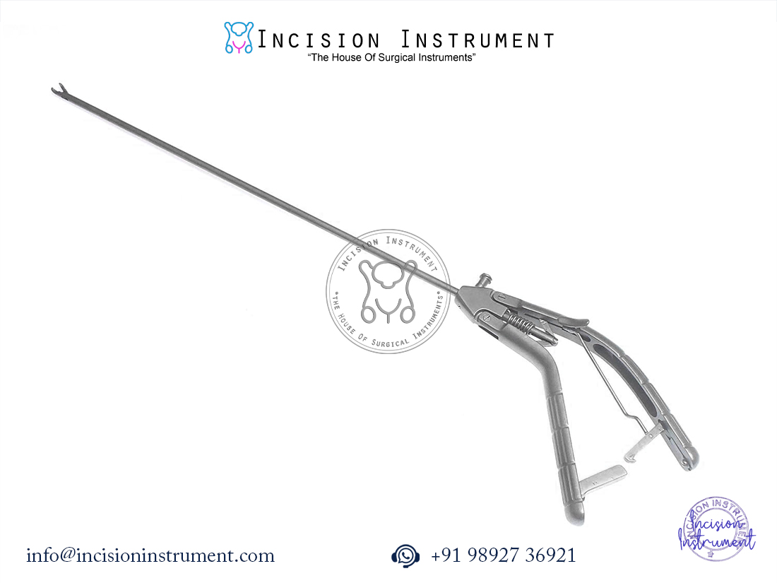 “Laparoscopy 5mm Curved Needle Holder with Storz-type handle, 5mm x 330mm, CE certified, stainless steel reusable surgical instrument from Mumbai supplier.”